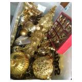 tote with assorted gold Christmas decor