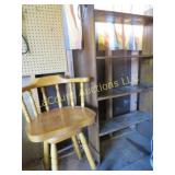 high wooden stool and wood shelving unit