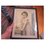 antique framed little girl print Child W Cherries