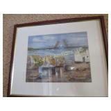 water color painting of open draw bridge harbor