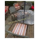 glass patio table w 6 chairs pads & umbrella stand