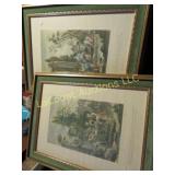 pair framed prints gold green frames