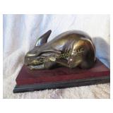 cast  brass type rabbit figure statue on wood base