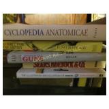 assorted books guns anatomical drawing