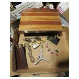 wood slat purse assorted costume jewelry sun glass