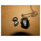 Cameo style necklace & clip earrings