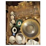Tiffin gold rim wine glasses plates cups saucers