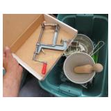 apple peeler saucer sieve ricer in covered tote