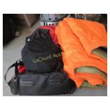 blaze orange bibs helmet in backpack another