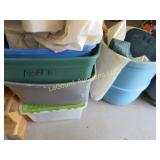 assorted totes w lids & barrel trash can
