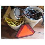pails bungee cords gas hose slow moving sign misc
