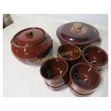 brown bean pot w matching mini bowls