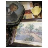 assorted vintage decor ephemera flasks bowl