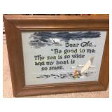 vintage embroidered Dear God framed work