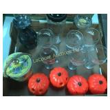 coke glasses, shaker, lighted plastic pumpkins