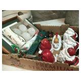 christmas lot santa figures, ornaments power strip