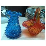 2 glass hobnail type pieces handle basket