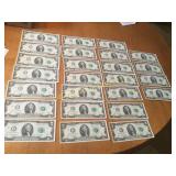 25 sequential two dollar bills uncirculated