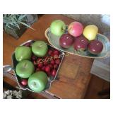 decorative wood apples, cherries in display bowls