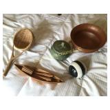 art bowls, marble ball wood canoe and wicker