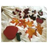 glass leaves, cherries, acorns art pieces