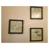 3 framed decorator prints about 8" sq
