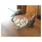 cast gnome and dragonfly candy dish holder