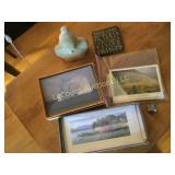 assorted framed pictures coasters statue pewter