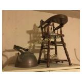 doll high chair and old teapot baby shoes