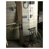 old wood skiis sewing machine base cherry bucket