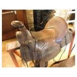 leather horse saddle w stirrups, beautiful