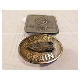 2 belt buckles, Fasco grain & waste management
