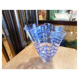 blue stripe art glass vase, 10.5"