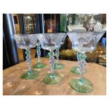 7 Fostoria etched wine glasses, green base,