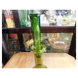 hand blown green glass wine decanter, 13"