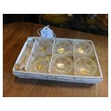 6 salts w spoons in box, glass and glass spoons