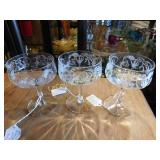 3 stemmed, etched champagne glassed, 5"