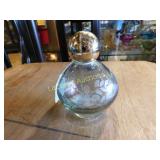 etched perfume bottle, blue irridescent, 4"h