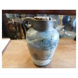 brown jug w pour spout, painted, w cork, 7"