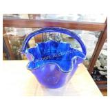 blue Blenko handled basket bowl, 9"h x 8.25 w