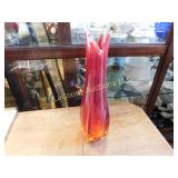 red / orange glass vase, 13"