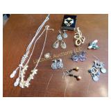 costume jewelry lot, pins earrrings, neckl.