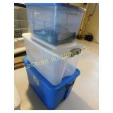 3 tubs w lids, sm, med, lrg, also tablecloths