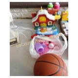 toy lot, including basketball, bubbles, tea set,