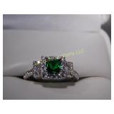 Princess cut Emerald ring, silver 925