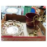 misc decor, glass bowl, brass candleholder