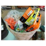 basket of golf tees, balls