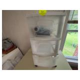 Three-Drawer Plastic Storage Unit with Contents