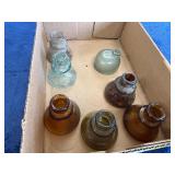 Various Glass Ink Wells in Clear, Green, and Amber