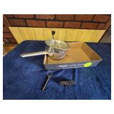 Vintage Metal Colander, Stanley Level, and Key Wit